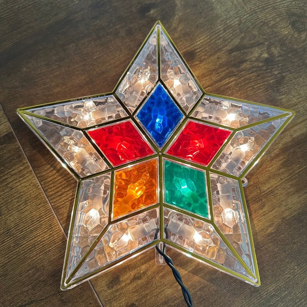 Vintage Multi Color Stained Glass Style Star Christmas Tree Topper Lighted 8in
